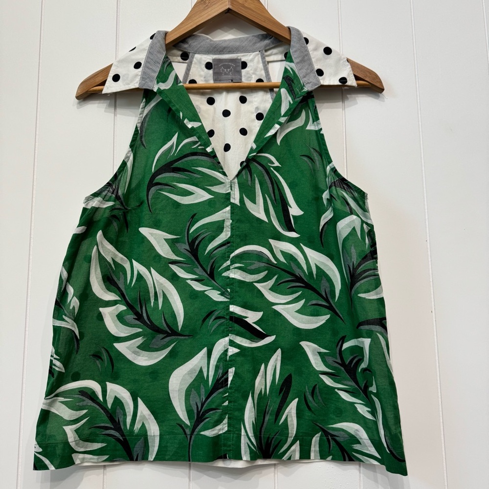 Anthropologie Vanessa Virginia Palm Leaf Polka Dot Sleeveless Top 100% Cotton 6